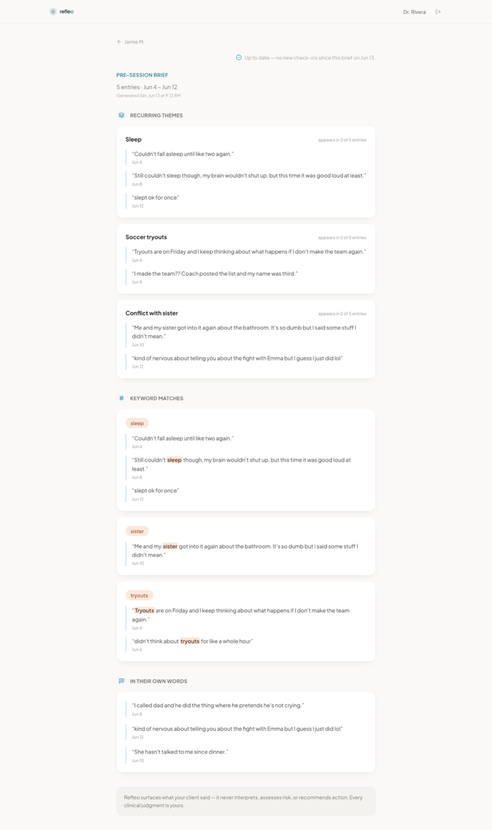 Clinician pre-session brief showing recurring themes and keyword matches
