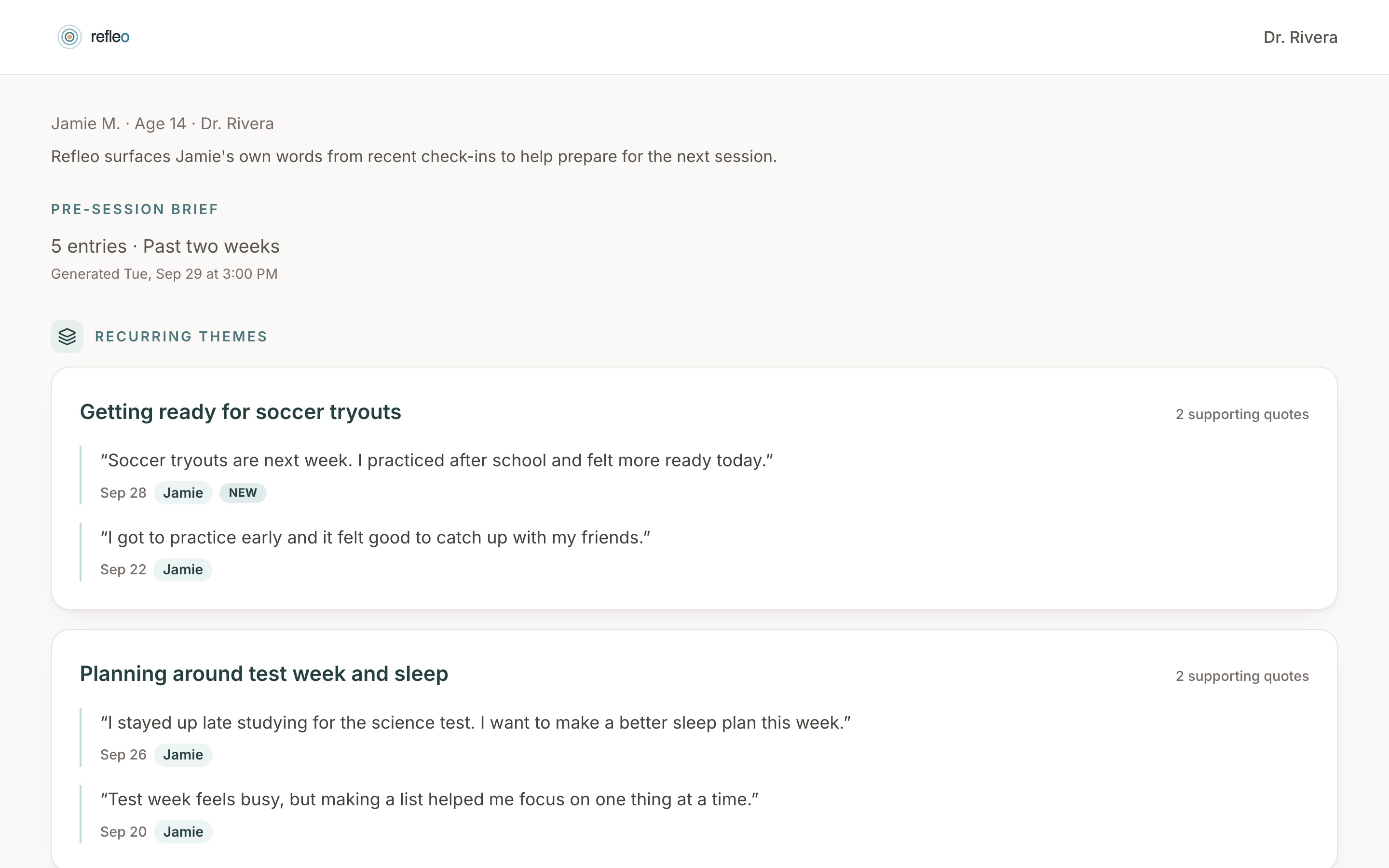 Pre-session brief showing recurring themes with the client's own quoted words
